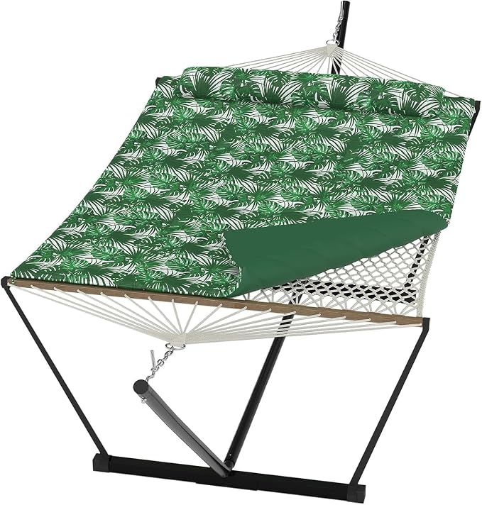2 Person Portable Double Hammock for Outdoor with Pillow, Heavy Duty Portable Hammock with Adjustable Steel Stand for Patio, Garden, Beach, Backyard