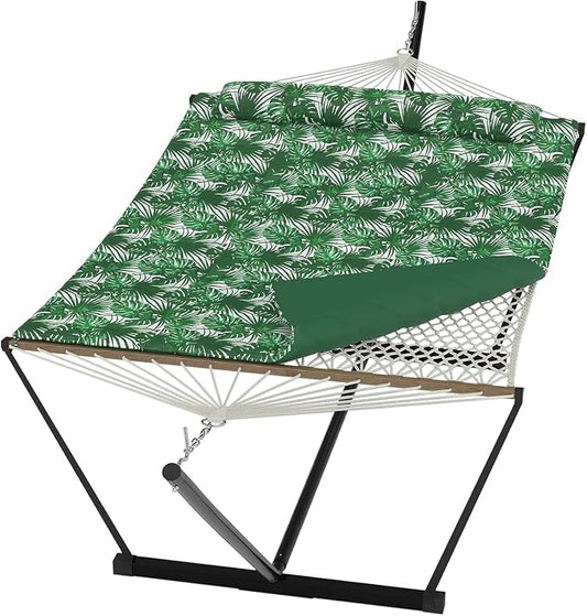 2 Person Portable Double Hammock for Outdoor with Pillow, Heavy Duty Portable Hammock with Adjustable Steel Stand for Patio, Garden, Beach, Backyard