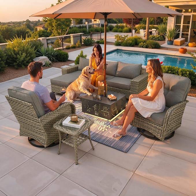 CAODOC 8-Piece Patio Furniture Set with L-Shape Sofa Chaise, Outdoor Sectional Couch Solar Table, Modern Modular Wicker Rattan Conversation Set