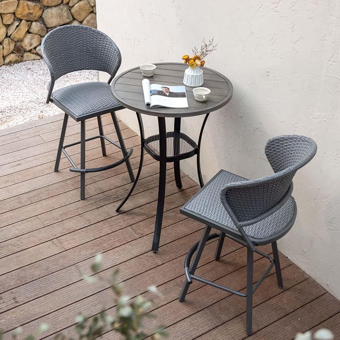 DIFY Patio Bar Height Table, Grey Wood-Like 28" Round Outdoor Pub Table with 1.57" Umbrella Hole for Bistro, Garden, Poolside and Balcony