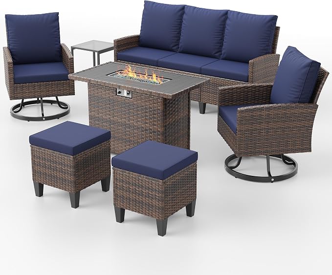 Amopatio Patio Furniture Set with Fire Pit Table,7 Pieces Conversation Set with 360°Swivel Chairs, All Weather Wicker Outdoor Furniture for Backyard Garden Pool Deck,Blue