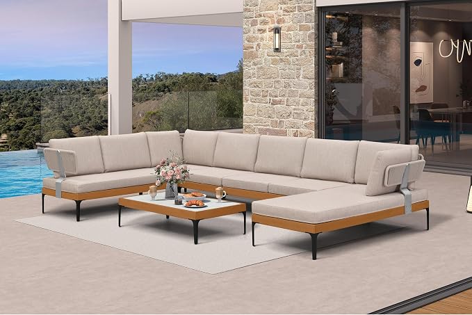 PURPLE LEAF Patio Furniture Set Outdoor Sectional Sofa with Coffee Table Cushions and Pillows Wicker U-Shaped 8 Pieces Aluminum Conversation Sets for Balcony Yard Poolside Garden, Oatmeal Greige