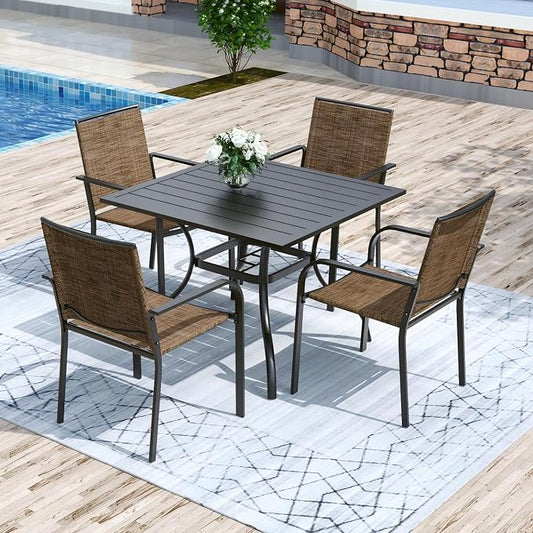 Anmutig 5 Piece Patio Dining Set, Outdoor Stackable Chairs and 35" Square Metal Patio Table with 1.57" Umbrella Hole for Garden Backyard Deck, Brown