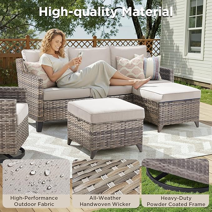 Patio Furniture Set with 42.5" Fire Pit Table-6 Pieces All Weather Wicker Outdoor Furniture with High Back Swivel Patio Chairs Set of 2 Outdoor Patio Conversation Sets for Deck Backyard Beige/Gray