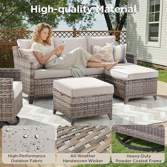 Outdoor Patio Furniture Set-5 Pieces All-Weather Wicker Outdoor Furniture with Swivel Patio Chairs Outdoor Patio Conversation Set for Garden Porch Deck Grey/Beige