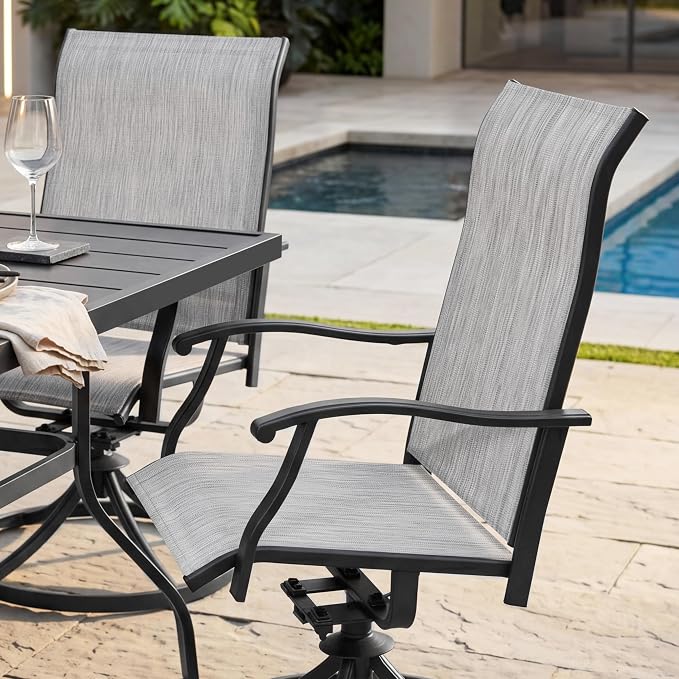 NUU GARDEN 7-Piece Patio Dining Set with Umbrella Hole, Rectangular Metal Outdoor Dining Table and Textilene Swivel Chairs, Patio Furniture Set for Garden Deck Backyard Balcony, Light Gray