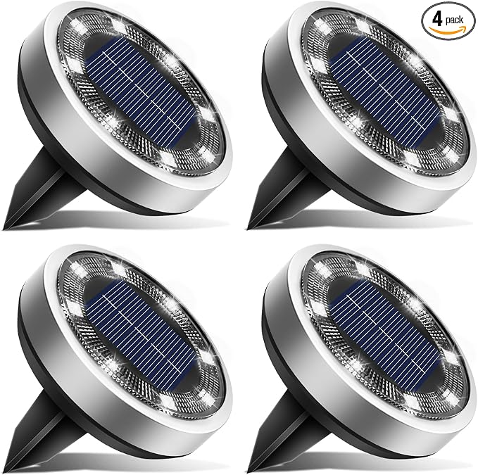 btfarm 4 Pack Solar Lights Outdoor, 8 LED Solar Ground Lights IP65 Waterproof Flat Solar Disc Light, Pathway Lights for Garden Lawn Patio Yard Path Landscape, Cool White