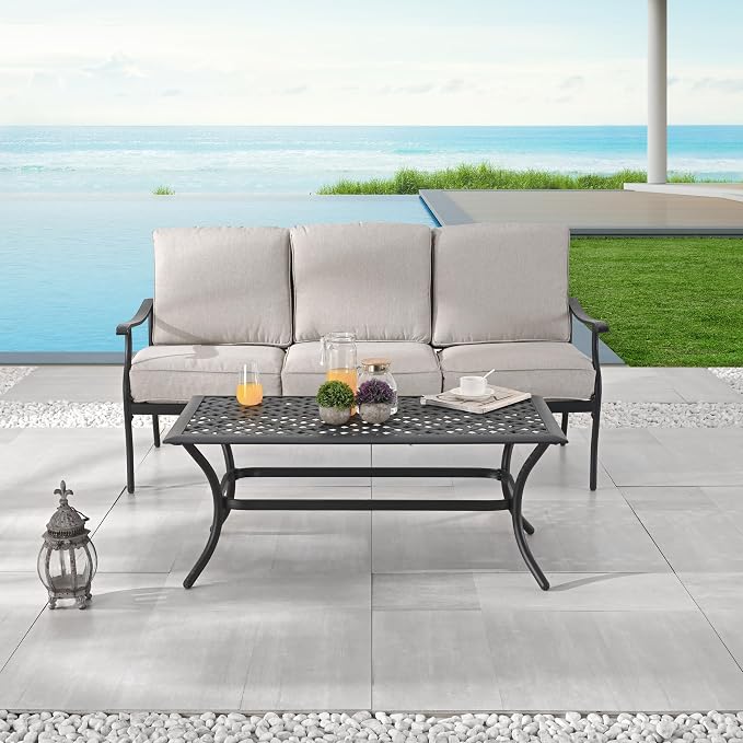 LOKATSE HOME 3 Seat Metal Patio Loveseat Bench Outdoor Furniture Bistro Set with Coffee Table for Lawn Front Porch Garden Yard or Poolside, Beige