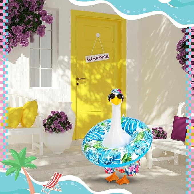 Summer Goose Outfits Porch Goose Hawaiian Outfit Swimming Goose Clothes with Swim Trunks Sun Hat Sunglasses Swim Ring for 23'' Geese Statue Spring Summer Decor (Colorful Tropical Floral)
