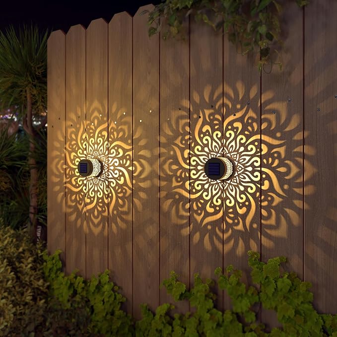 gardencave 4 Pack Solar Fence Lights Metal Solar Powered Outdoor Wall Deck Step Lights Mandala Theme Waterproof Fence Light for Garden Post Patio Backyard Decor (4 Pack)