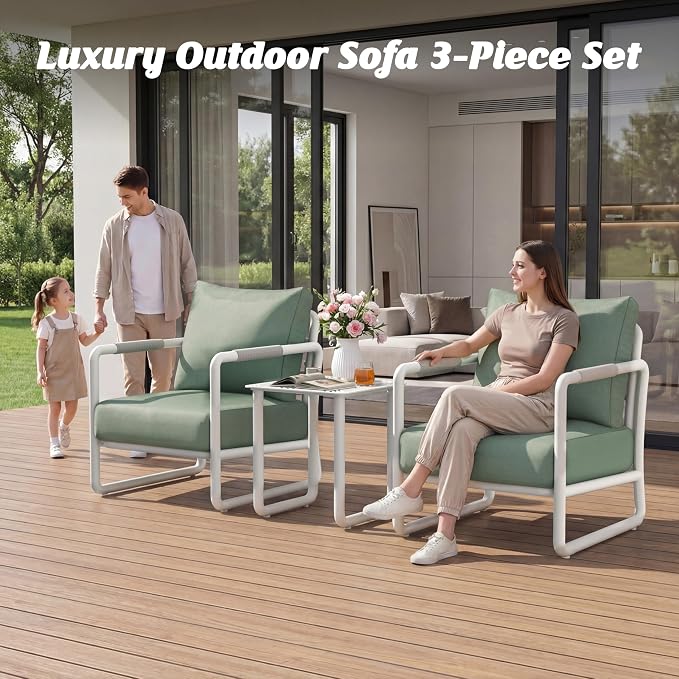 Outdoor Aluminum Patio Furniture Set, 3 Pieces Conversation Set with 6.5 Inch Cushions and Coffee Table, All-Weather Rust-Resistant Frame Conversation Set for Porch, Garden, Backyard, White