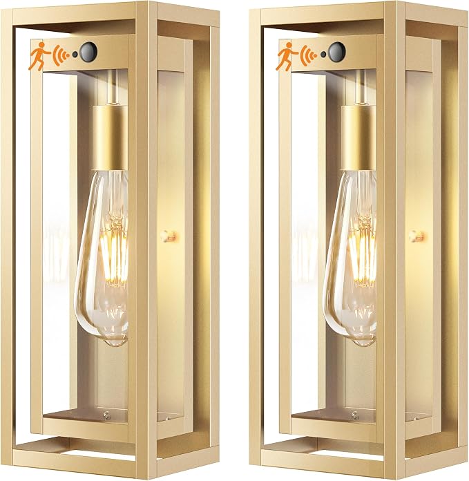 15" Motion Sensor Gold Outdoor Light Fixture Wall Mount, 3 Lighting Modes Waterproof Anti-Rust Wall Sconces, 2 Pack Exterior Lighting Fixtures for Front Door, Porch, Garage