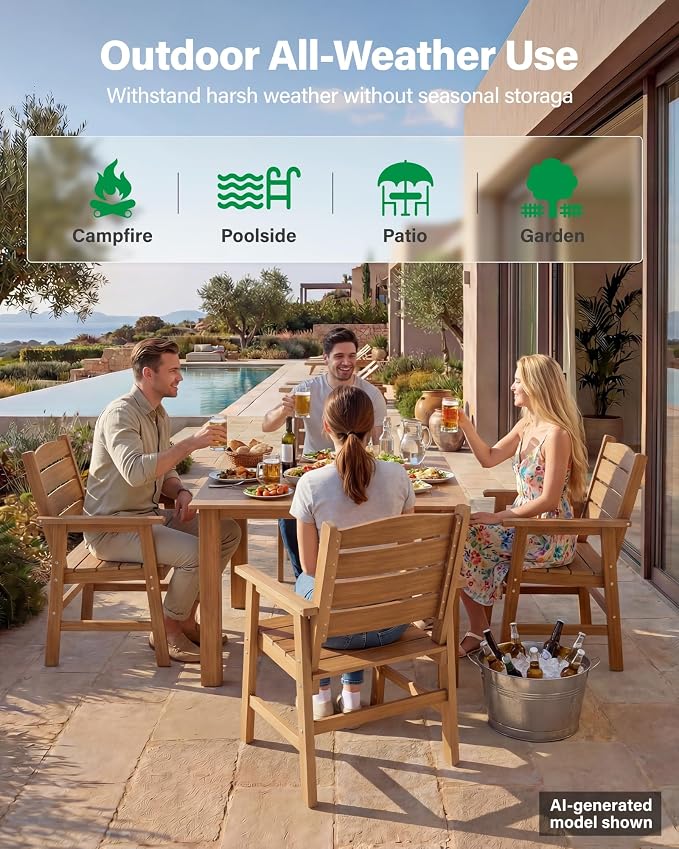 YEFU Patio Dining Chairs Set of 2： Modern All Weather Outdoor Dining Chairs - HIPS Plastic Patio Outdoor Chairs Waterproof Easy-Clean - Patio Furniture for Poolside Garden Yard(Teak)