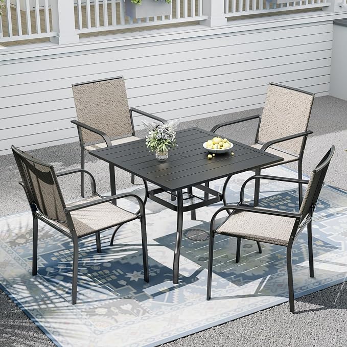 Outdoor Patio Furniture Set,4 Piece Stackable Patio Chairs and 35" Steel Dining Table with 1.6" Umbrella Hole,Suitable for All-Weather