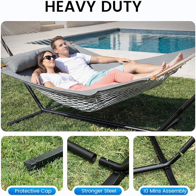 ANAGOO Double Hammock with Stand – Portable Cotton Rope Hammock with Removable Quilted Pad & Pillow, Adjustable Steel Frame for Patio, Backyard, Garden, Park, Camping & Outdoor Relaxation – Gray