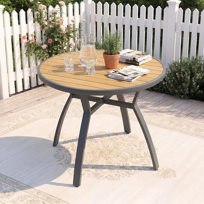 Aluminum Outdoor Table for All-Weather, 35.4" Patio Tables with Heavy Duty HDPS Round Tabletop, Outside Table with Quick-Drying Slatted Design for Porch, Patio, Garden, Deck, Poolside, Backyard