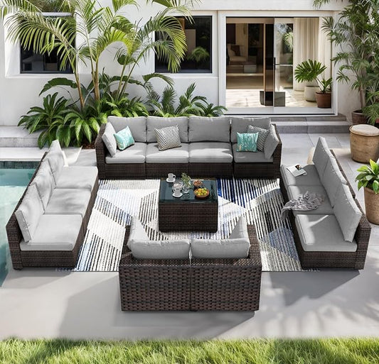 13 Piece Patio Furniture Set All Weather PE Rattan Outdoor Sectional Sofa Couch with No-Slip Cushions and Glass Top Table for Garden, Poolside, Backyard (Gray)