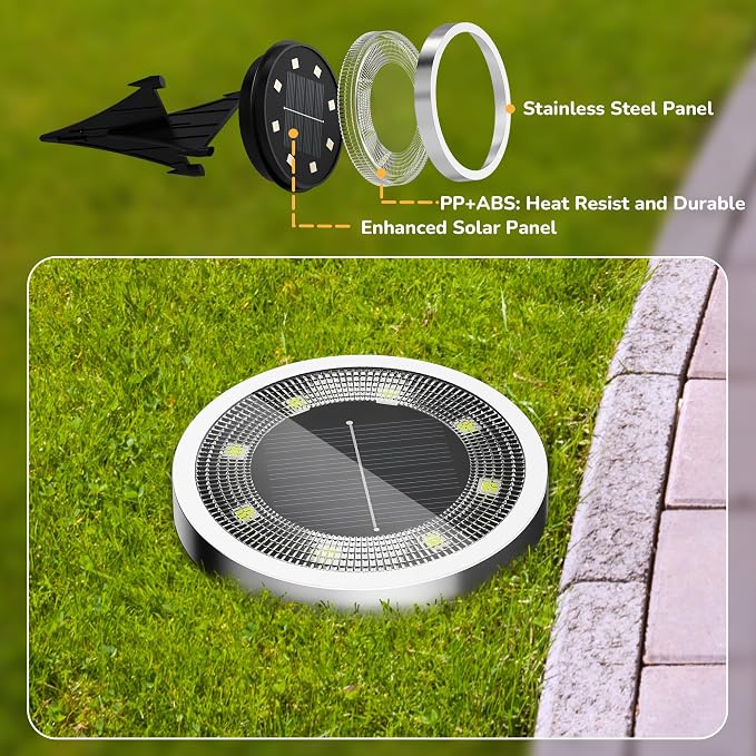 INCX 16Pack Solar Ground Lights Outdoor, 8 LED, IP65 Waterproof, Warm White | 600mAh Ni-MH battery, 8-10h runtime, stainless steel, ABS and PP body, solar garden lights for pathways, lawns and driveways