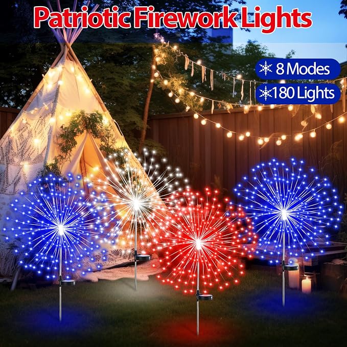 Tujoe 12 Pcs 4th of July Solar Firework Stake Lights 180 LED 8 Modes Solar Waterproof LED Sparkler Lights Outdoor Patriotic Decoration for Memorial Independence Day Garden Patio Yard(Red, Blue, White)