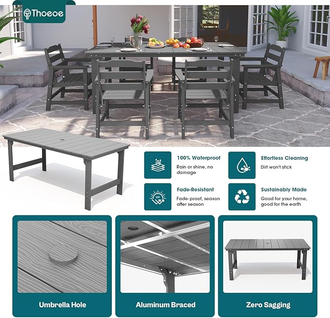 THOEOE 5 Piece Outdoor Dining Set, Patio Dining Table and 4 Chairs, All-Aluminum Frame, All-Weather HDPE Outdoor Furniture with Umbrella Hole for Garden, Lawn, Poolside, Grey