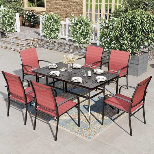 HERA'S HOUSE 7pc Outdoor Patio Dining Set for 6, Textilene Chairs, Red | 60" rectangular metal table with umbrella hole. Waterproof, rust-resistant, all-weather for backyard, porch
