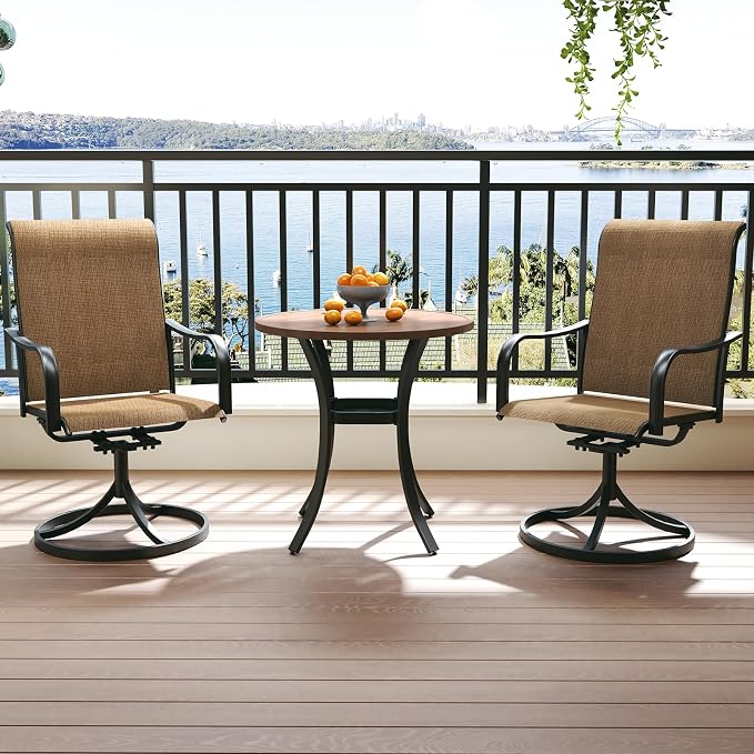 Anmutig 3-Piece Outdoor Patio Dining Set, 27.5" Round Table with 2 Swivel Rocking Patio Chairs Furniture Set for Kitchen Garden, Backyard, Brown