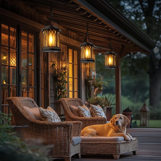 Solar Lanterns Outdoor Waterproof 4-Pack: Hanging Lantern Accent Warm Light | Hang & Clip for Patio Table, Ip65 Waterproof, Auto On/Off, Lasts 12-15h Glow, High-Capacity Battery, Warm Ambiance, No Wiring