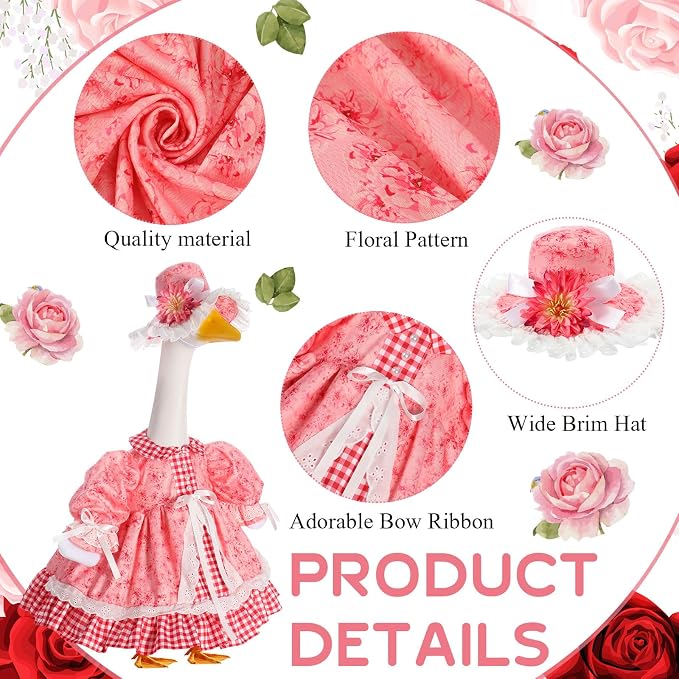 Spring Flower Goose Outfit Daisy Rose Floral Dress for 23'' Cement Plastic Goose Statue for Valentines Day Summer Outdoor Garden Yard Patio Lawn Decor(Pink Rose)