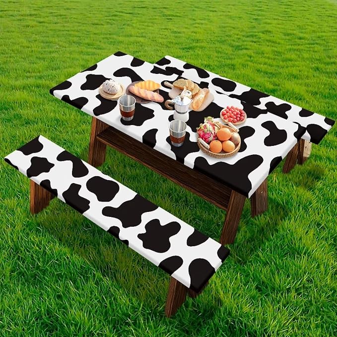 Cow Print Fitted Picnic Table Cover with Bench Covers Abrasion Resistant Picnic Table Cover Dustproof Waterproof 3 Piece Picnic Table Cover Set Fits Rectangular Tables and Seats 94x30 Inches