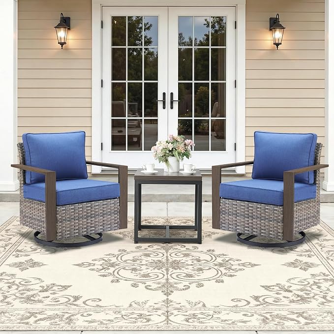 Outdoor Swivel Rocker Patio Chairs Set of 3, High Back Swivel Patio Chairs with Side Table & Metal Arm, Wicker Outdoor Bistro Set for Porch, Yard, Deck, Poolside, Grey/Blue