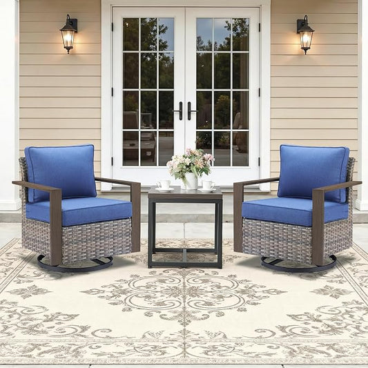 Outdoor Swivel Rocker Patio Chairs Set of 3, High Back Swivel Patio Chairs with Side Table & Metal Arm, Wicker Outdoor Bistro Set for Porch, Yard, Deck, Poolside, Grey/Blue