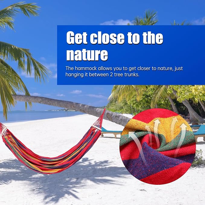 Kisangel Outdoor Striped Canvas Hammock Single Person 190x150cm with Curved Bar, Duckbill Buckle, Hanging Rope and Carry Bag for Camping Hiking Travel Patio Swing