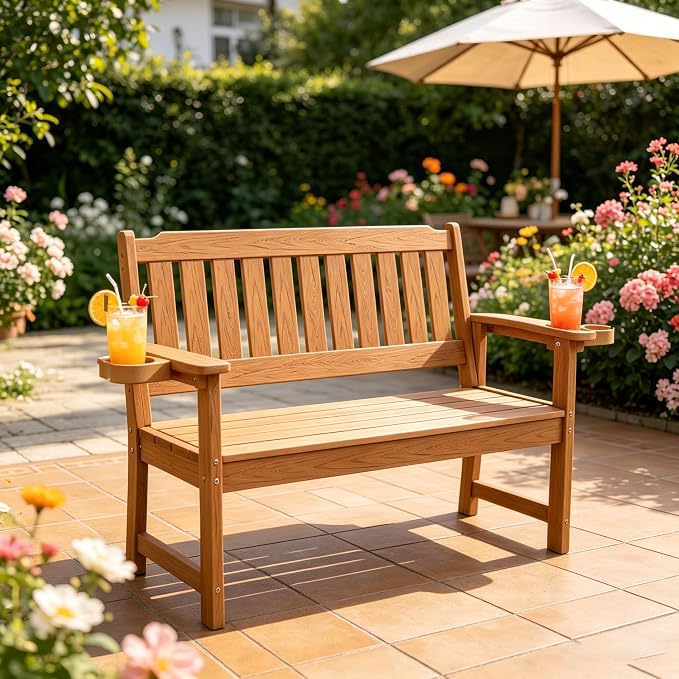 Outdoor Wooden Bench, 2-Person Garden Bench with Backrest and Armrests,Long Loveseat Bench for Garden,Porch,Courtyard, Home.(Natural)