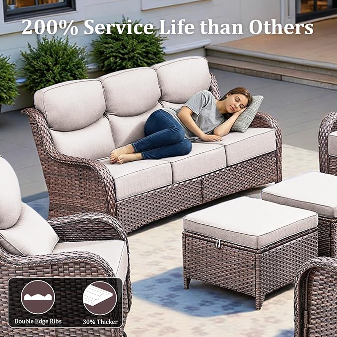 Luxury Outdoor Swivel Rocker Patio Chairs Set of 3, High Back Swivel Patio Chairs with Side Table & 6-Inch Thick Cushions, Wicker Outdoor Bistro Set for Porch, Yard, Deck, Poolside, Brown/Beige