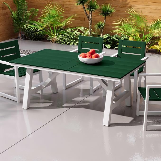 Costaelm Outdoor Dining Tables for Patio, 72" Rectangle 6-Person HDPE Dining Table with Umbrella Hole and Metal Frame for Outside, Garden, Poolside, Backyard, Porch, Balcony, Dark Green