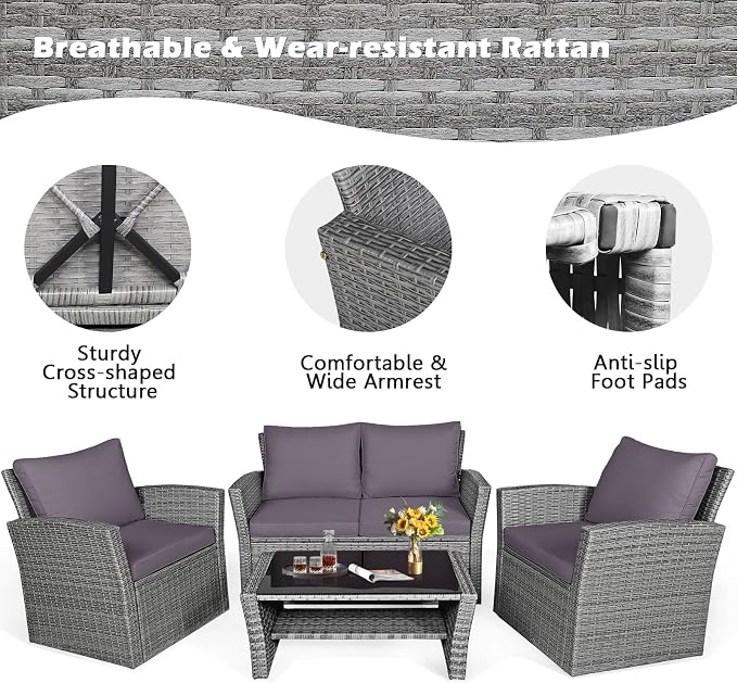 HAPPYGRILL 4PCS Patio Rattan Furniture Set Outdoor Conversation Set with Cushions and Coffee Table, Sectional Wicker Sofa Set for Garden Porch Balcony Poolside