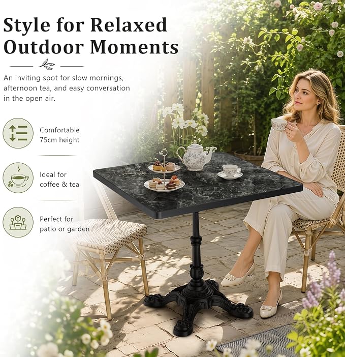 31.5" Outdoor Dining Table, Square Bistro Table w/Sintered Stone Tabletop | and Cast Iron Base, Weather Resistant Anti-Rust Small Patio Table for 2-4 for Outdoor Garden Café Use (Midnight Black)