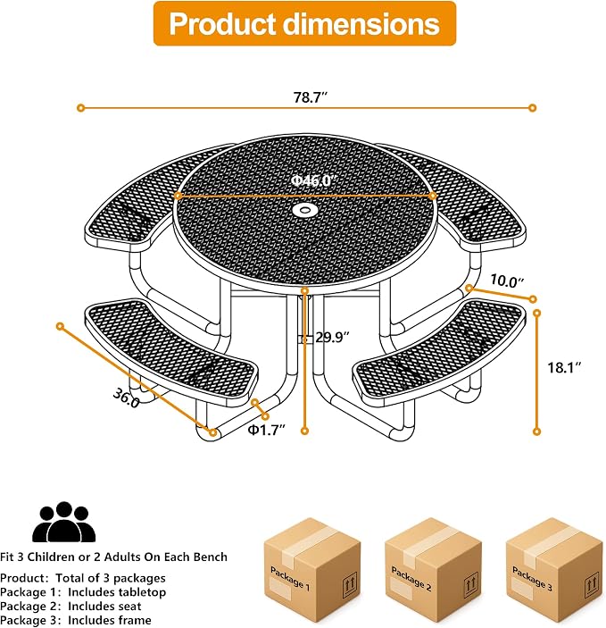 46In Round Outdoor Picnic Table – Heavy-Duty Commercial Steel Table with Thermoplastic Coating, Weatherproof & Rust-Resistant, Perfect for Parks, Patios, Schools & Campgrounds (Blue)