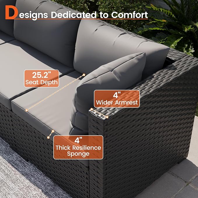 8 Piece Patio Furniture Set with 43" Fire Pit Table, Outdoor Sectional Wicker Rattan Sofa Set with Coffee Table (Grey/Black)