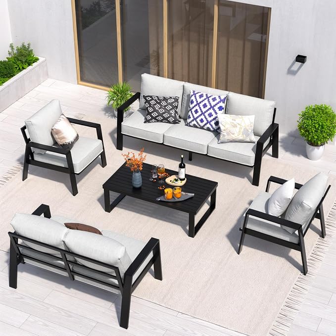 Aluminum Outdoor Patio Furniture Set, 5 Piece Sectional Coversation Sets with Coffee Table, Modern Outdoor Sofa Couch with Thick Cushions for Porch, Balcony, Garden, Light Gray
