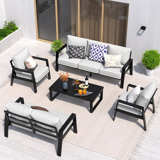 Aluminum Outdoor Patio Furniture Set, 5 Piece Sectional Coversation Sets with Coffee Table, Modern Outdoor Sofa Couch with Thick Cushions for Porch, Balcony, Garden, Light Gray
