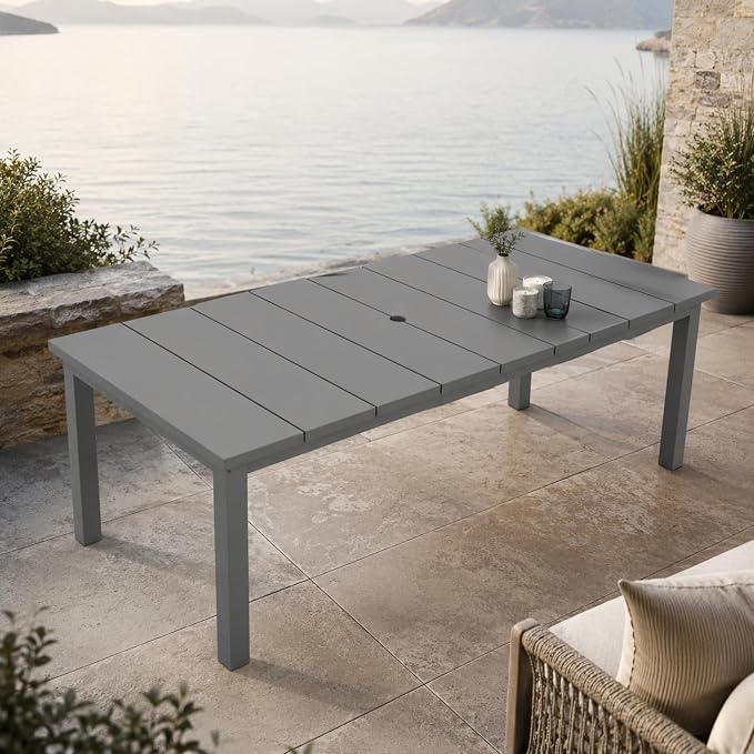 75.2" Outdoor Dining Table for 4-6 People, Patio Dining Outdoor Table with Umbrella Hole, All Weather Patio Table for Backyard, Deck and Garden, Gray