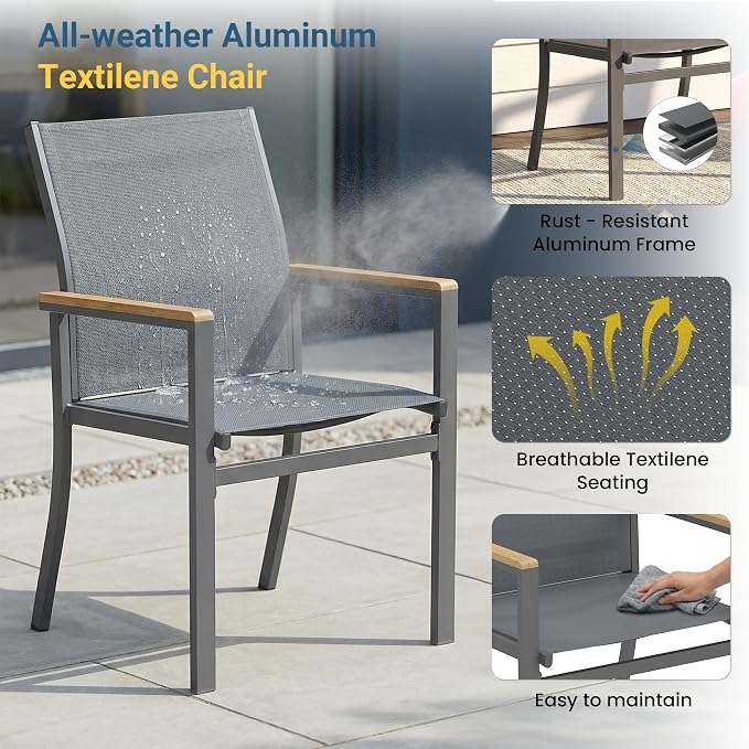 Aluminum Patio Chairs Set of 6 for All-Weather, Outdoor Patio Chairs with Breathable Quick-Drying Textilene, Outdoor Chair with 110° Ergonomic High Backrest for Porch, Patio, Garden, Deck, Backyard