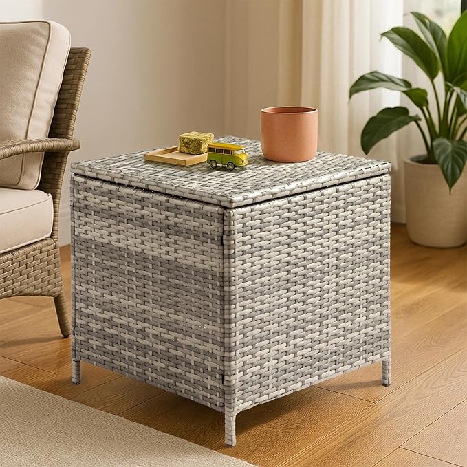 HOMSUPPLIE'S 27 Gallon Outdoor Side Table with Storage Space, Waterproof Wicker Patio Deck Box, Rattan End Table with Hidden Storage for Pool Towels, Toys & Garden Tools(Grey,Square)