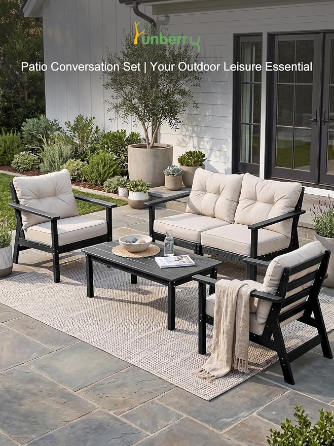 2 Seat HDPE Patio Conversation Set with Coffee Table, Outdoor Chairs Set | Water-Resistant Thick Cushion, HDPE All Weather, Wood-Grain, No Rot or Rust or Crack, UV Fade Shield, Easy-Clean for Outside