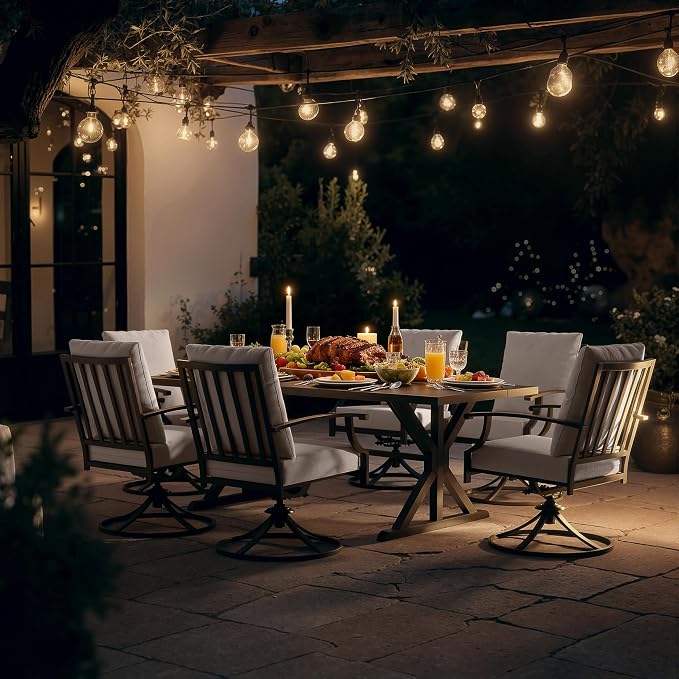 ALAULM 7-Piece Patio Dining Set,Outdoor Metal Dining Set with 6 Swivel Chairs & Rectangle Table with 1.5 Umbrella Hole, Patio Dining Table and Chairs for Backyard, Sand