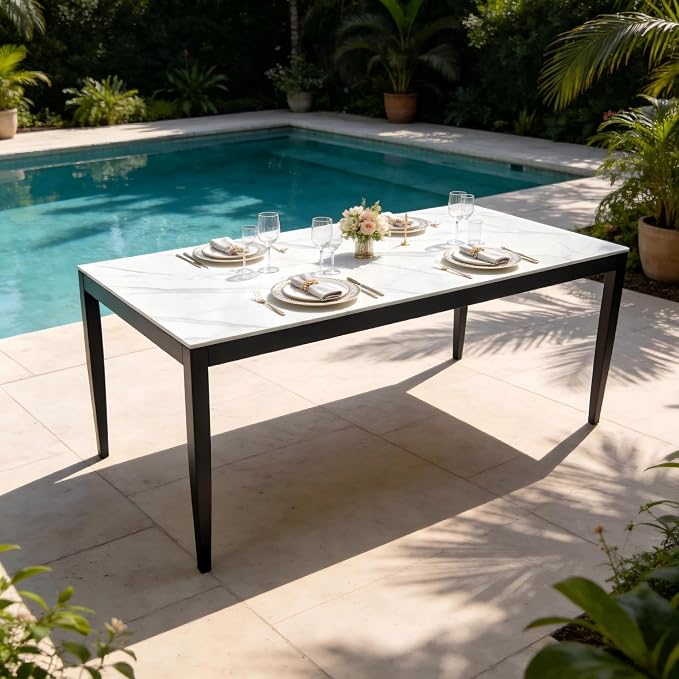 Outdoor Aluminum Marble Dining Table for 6-8, 71” Luxury Patio Table with White Sintered Stone Top, Post Tapered Legs for Garden, Lawn, Weatherproof & Rust-Free
