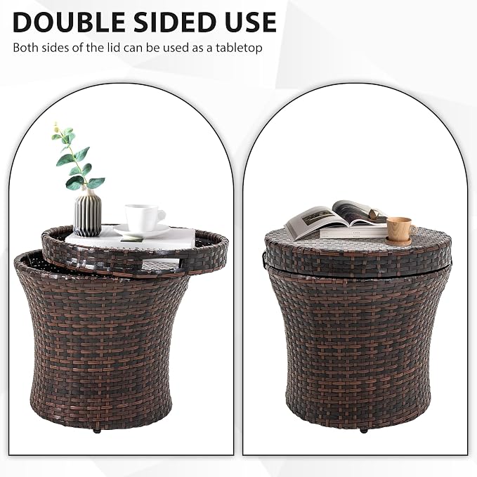 Sundale Outdoor Wicker Side Table with Storage, 20 Inch Small Patio Rattan End Table Accent Tables with Lid, Steel Frame Lightweight Brown