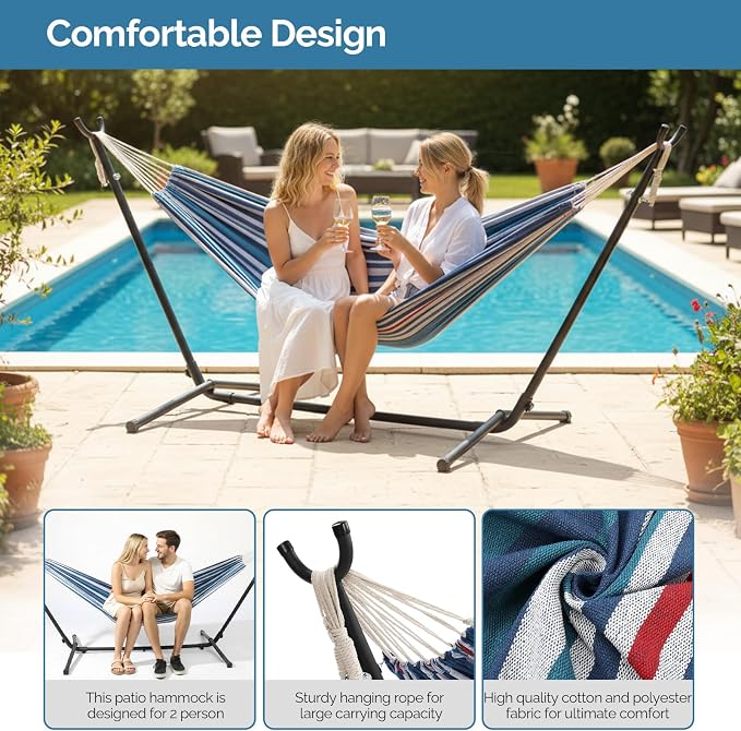 Double Hammocks with Stand for Outside,9FT Hammocks with Carrying Bag for 2 Person,Portable Space Saving Heavy-Duty Steel Stand for Indoor Outdoor Patio Yard,Easy Assembly (Blue & Purple)