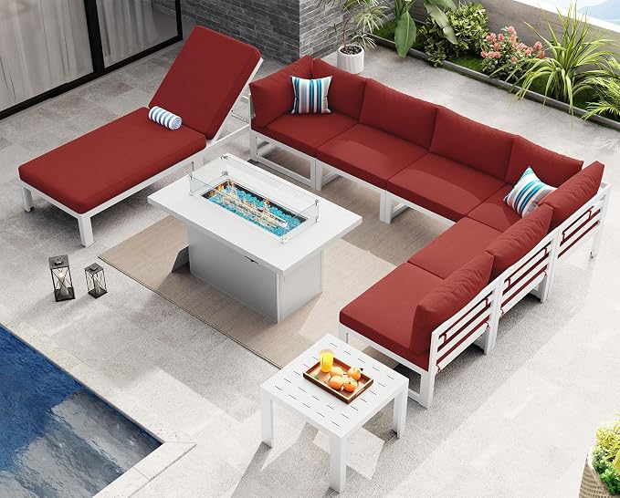 NICESOUL 9 Piece Large Contemporary Aluminum Outdoor Furniture Set with Chaise Lounge & Fire Pit Table, 29" Deep Couch Set, 500 lbs High Weight Capacity Patio Sectional Sofa for Poolside, Burgundy